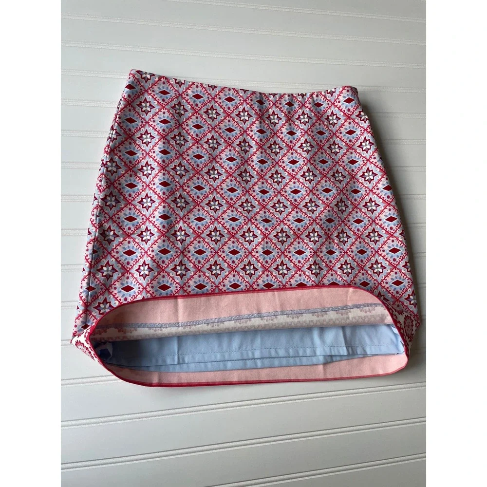 NEW Talbots Canvas Cotton A-Line Skirt Size 6P Red Blue Mediterranean Tile Print